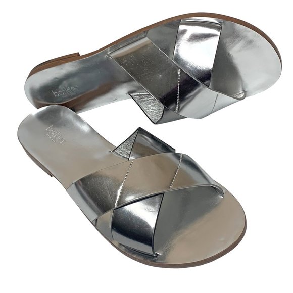 BOTKIER NY Ally Silver Criss Cross Leather Slip on‎ Flat Slides - Picture 1 of 8